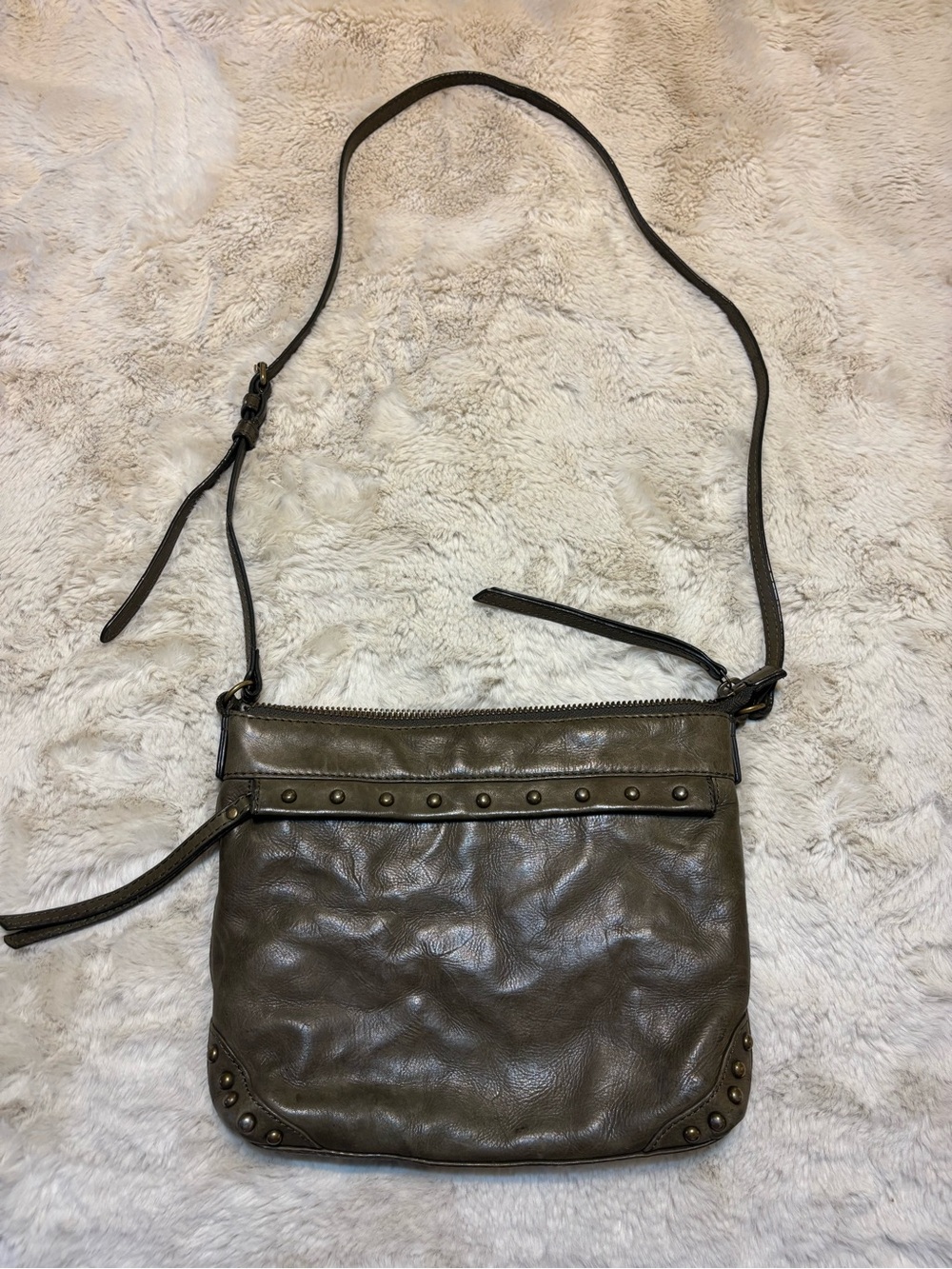 Frye & Co Leather Studded Crossbody Bag Distressed Olive Brown Boho Western
